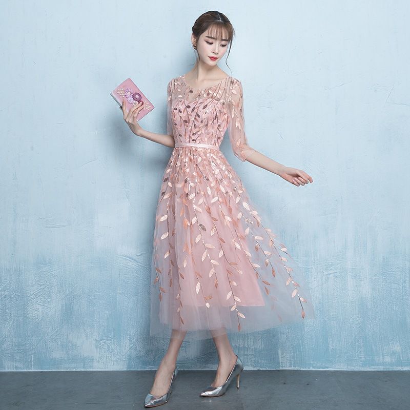 Pink dress girl 2019 new pattern Party Tuxedo Dress Banquet party Evening dress Mid length version Bridesmaid Dressesin the Women's clothing/Boutique , Wedding/Cheongsam/Formal dress , Wedding category - from Buy2taobao.com to provide professional Taobao agent buy service