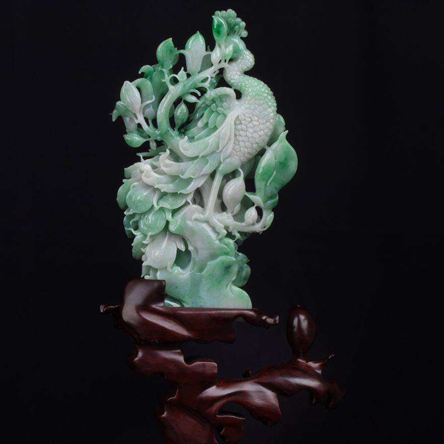 收藏品 天然a货翡翠飘花孔雀大摆件 1.53kg