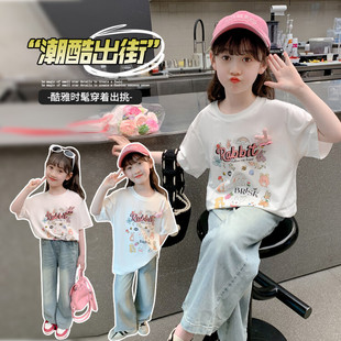 女童夏装2024夏季新款韩系套装儿童喷泉t恤冰丝山本裤两件套洋气