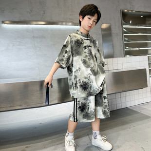 新中式男童改良汉服套装儿童装盘扣唐装水墨风夏季薄款男孩表演服