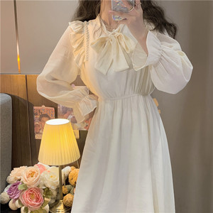 Mid-length waistband ruffle long-sleeved bottom dress