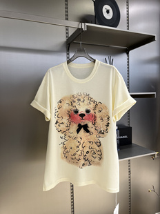 欧洲站2024夏季新款韩版害羞小狗图案印花短袖大版T恤女宽松上衣