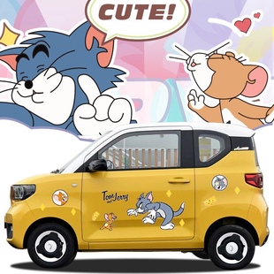 五菱宏光miniev马卡龙车贴猫和老鼠可爱卡通装饰车身贴纸QQ冰淇淋