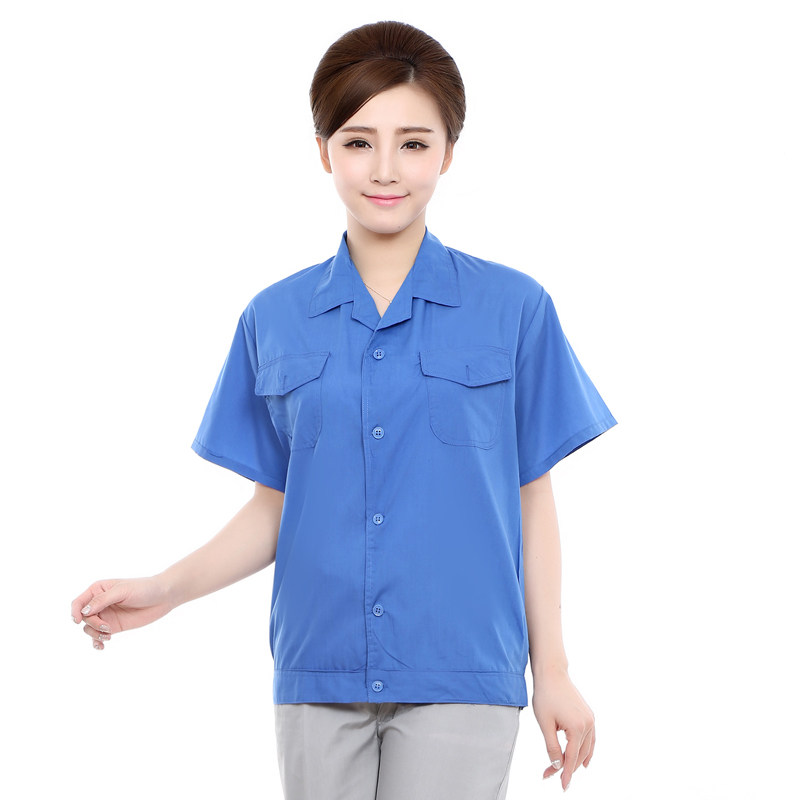 夏季短袖工作服上衣男夏天蓝色半袖单件上装女劳保服厂服印字特价