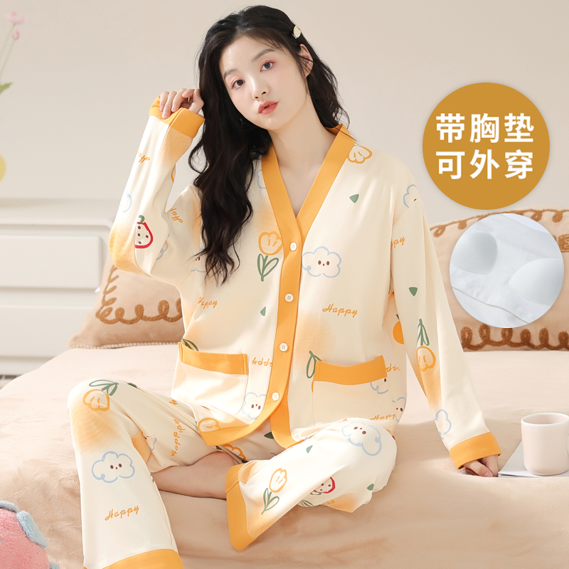 春秋款睡衣女纯棉和服自带胸垫一体长