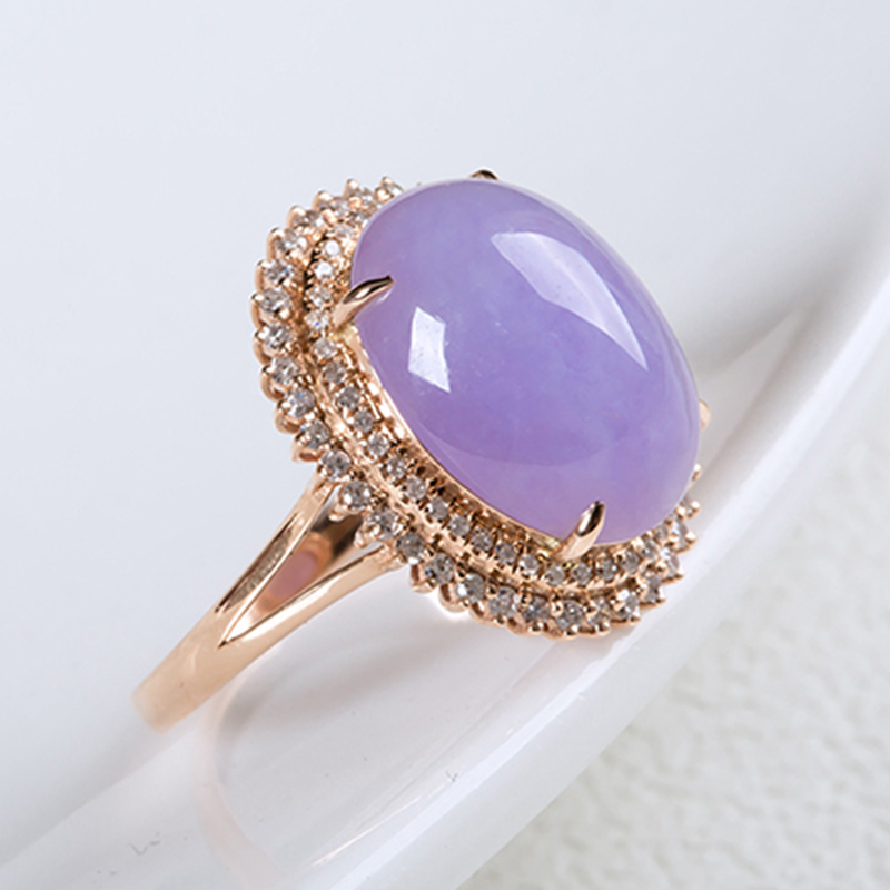 18k金冰糯种紫罗兰翡翠蛋面戒指5.46克