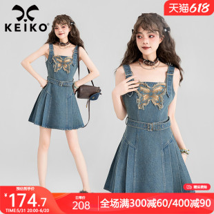 KEIKO 美式辣妹吊带牛仔连衣裙夏季蝴蝶绣花系腰带显瘦背带短裙子