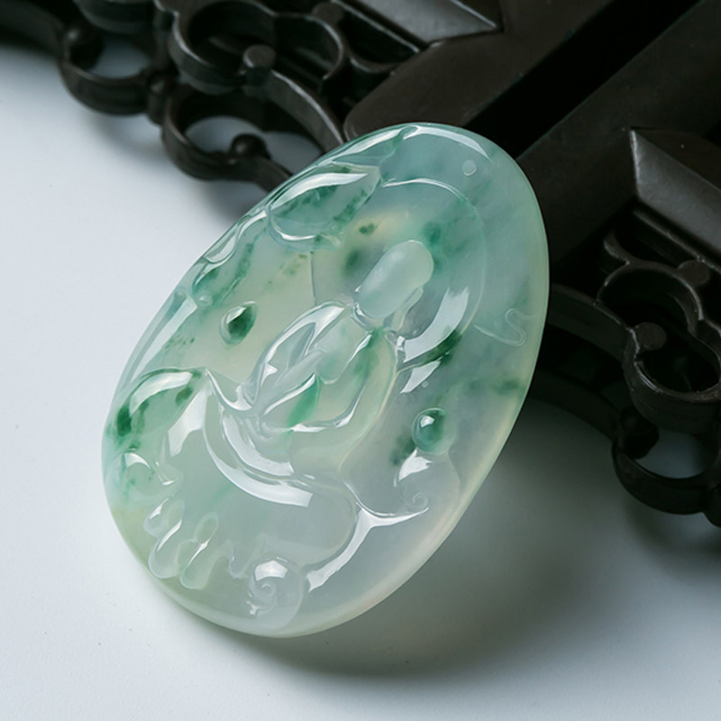 天然翡翠a货 精雕老坑冰种飘花悟道吊坠18.04g