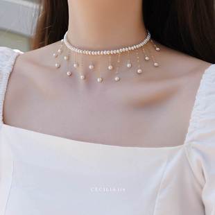 CECILIA重手工品质天然珍珠14K包金流苏项链锁骨气质网红显瘦颈链