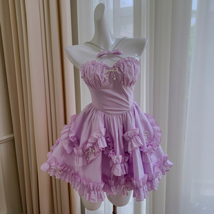 夏季新品粉紫色少女气质挂脖可爱性感短款小个子洛丽塔高腰连衣裙