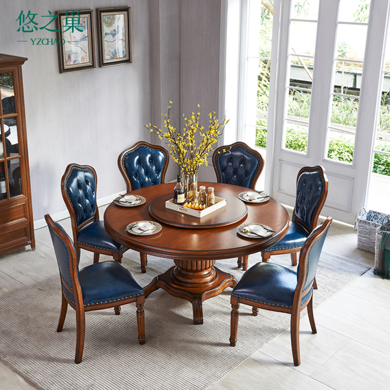 美式圆形餐桌实木餐桌椅 欧式餐桌椅组合吃饭桌子家用餐桌6人8人