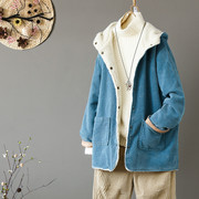Literary retro style all-match corduroy hooded thickened cotton coat women's winter loose lamb velvet warm cotton coat