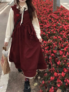 日系学院风甜美红色背带裙子+衬衫两件套女2024春季中长款连衣裙