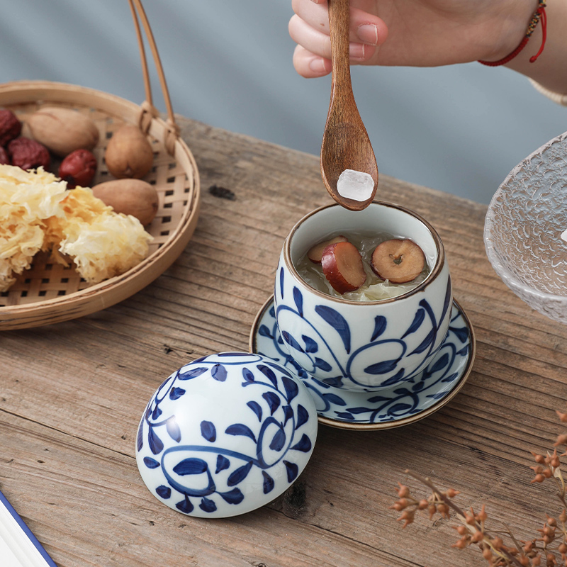 复古风手绘陶瓷碗日式三件套蛋盅鸡蛋盅蒸蛋盅简约球型隔水炖炖盅