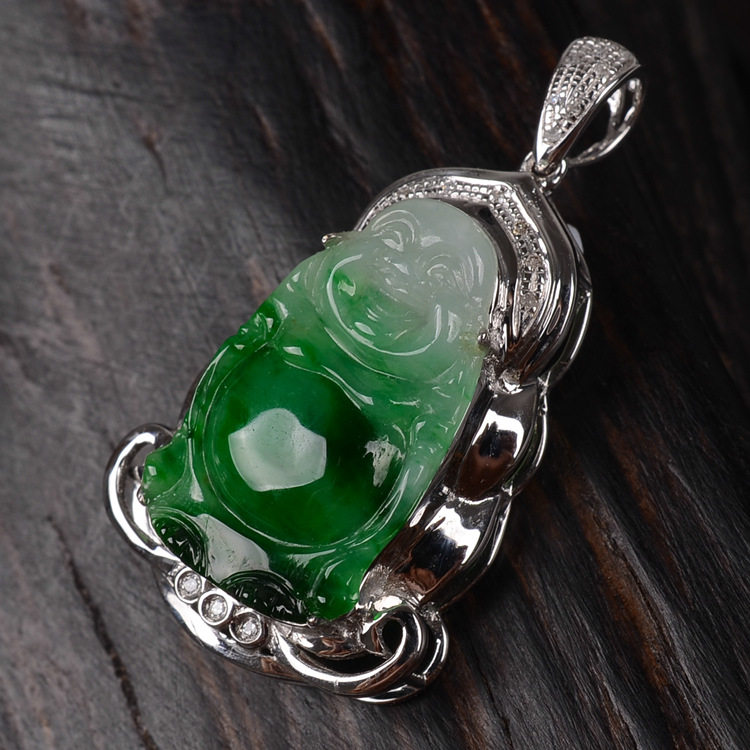 【梵舞】 糯种冰绿色18k金镶钻飘绿站佛翡翠吊坠 5.00g