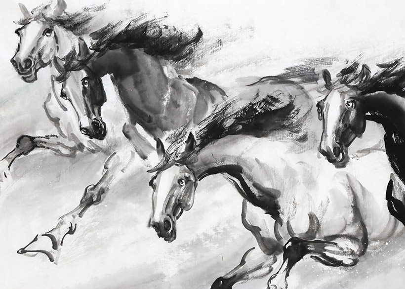 时育林《八骏图》北京美术家协会会员 墨华斋8462