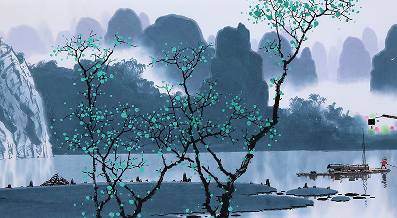 广西艺院 张泉踪《春雨漓江》彩墨漓江山水画创始人独家授权9719