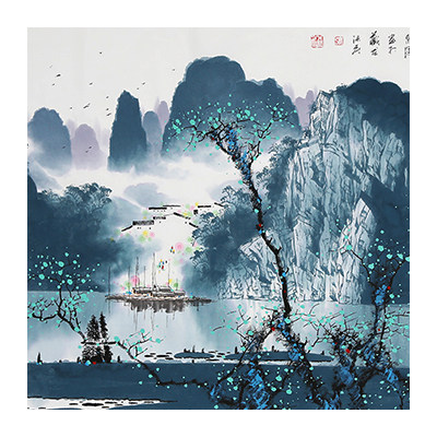 广西艺院 张泉踪《青山臻百福》巨幅 彩墨漓江山水画创始人4831