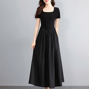 方领黑色连衣裙气质修身高级感赫本风长裙夏2024新款女装夏季裙子