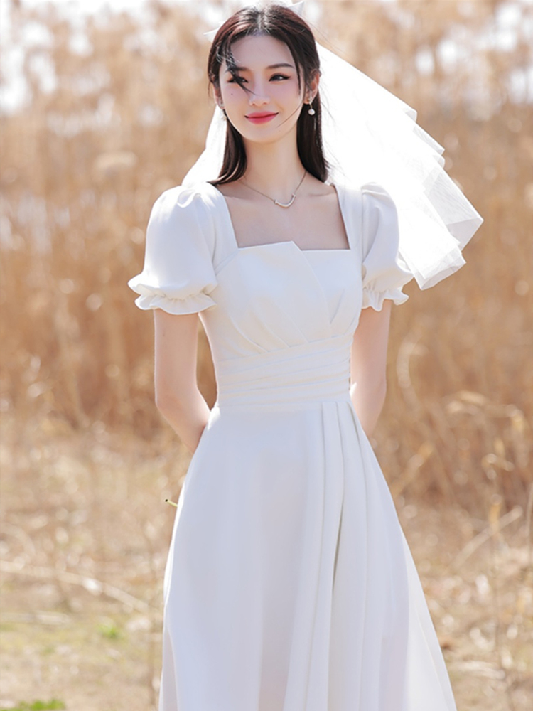 法式领证登记小白裙短袖轻婚纱日常可穿礼服白色连衣裙女高级感夏