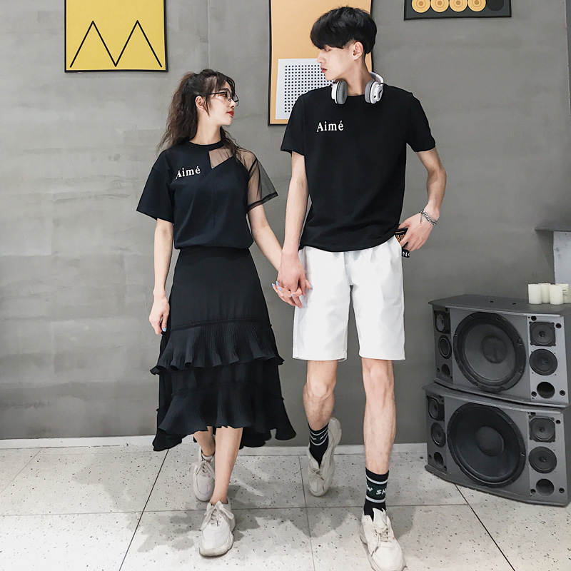 Couples dress 2020 new pattern Summer wear Trend Short sleeved T-shirt shorts suit black skirt Two suitin the Men's clothing, T-shirt category - from Buy2taobao.com to provide professional Taobao agent buy service