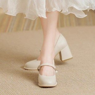 法式玛丽珍女鞋2024新款夏季鞋子女白色粗跟高跟鞋小香风中跟单鞋