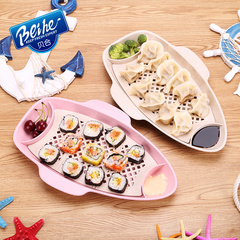 贝合 韩式小麦秸秆儿童饺子盘可沥水双层托盘创意带醋碟 塑料家用