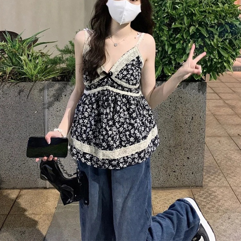 夏装两件套小清新小个子穿搭一整套吊带碎花上衣牛仔阔腿裤套装女