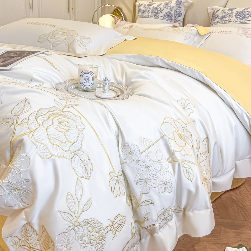 高级感裸睡200支长绒棉四件套花卉刺绣被套简约轻奢全棉床上用品