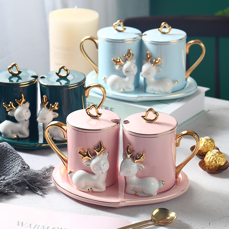 情侣杯陶瓷 一对_一鹿有你马克杯情侣杯子一对创意款带盖勺陶瓷杯结婚