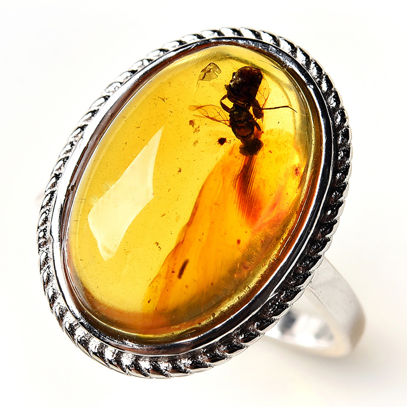 3.54g(带镶)【强荧光】银镶嵌琥珀虫珀戒指k1856