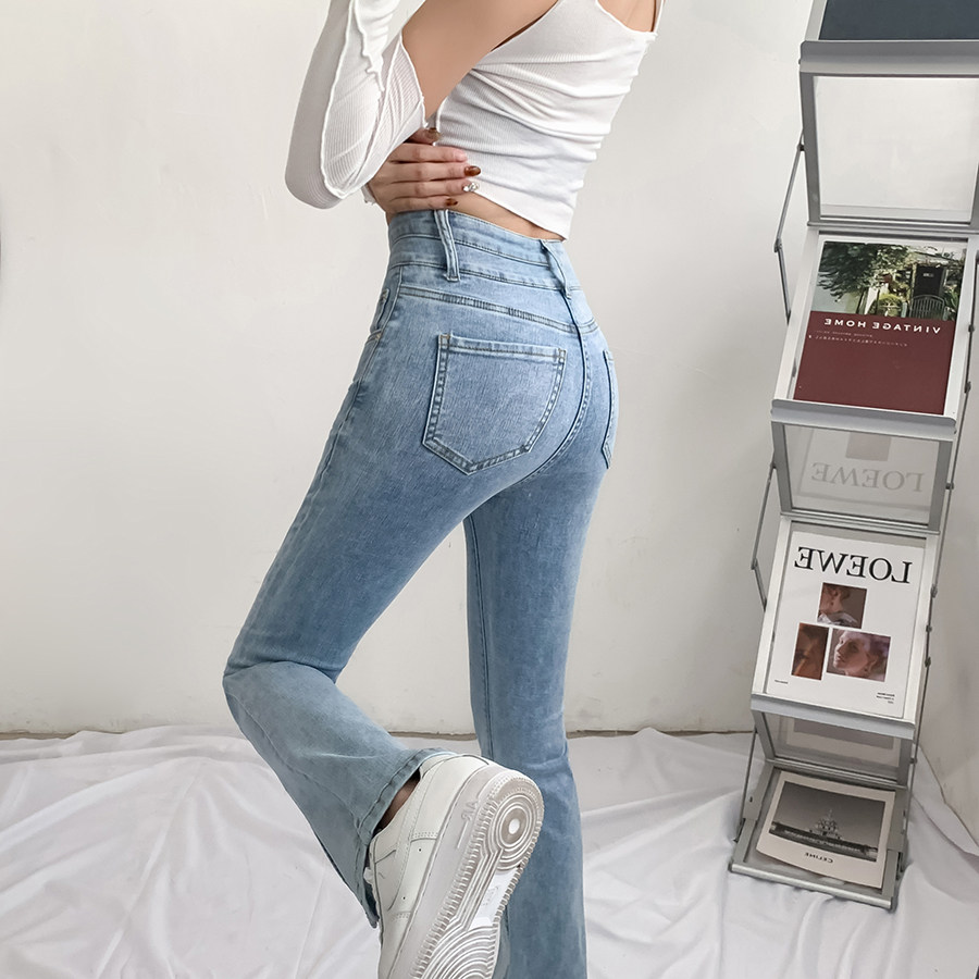 黑色开叉牛仔裤高腰紧身弹力显瘦拖地微喇叭裤,女装牛仔裤,霓丝缘服饰