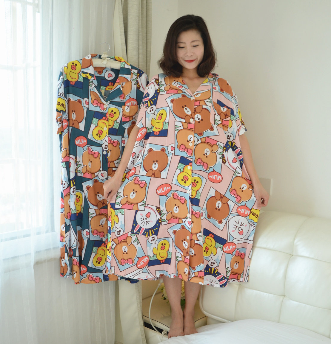 260斤大码人棉短袖开衫睡裙女夏季薄水洗棉胖mm宽松长款卡通睡衣