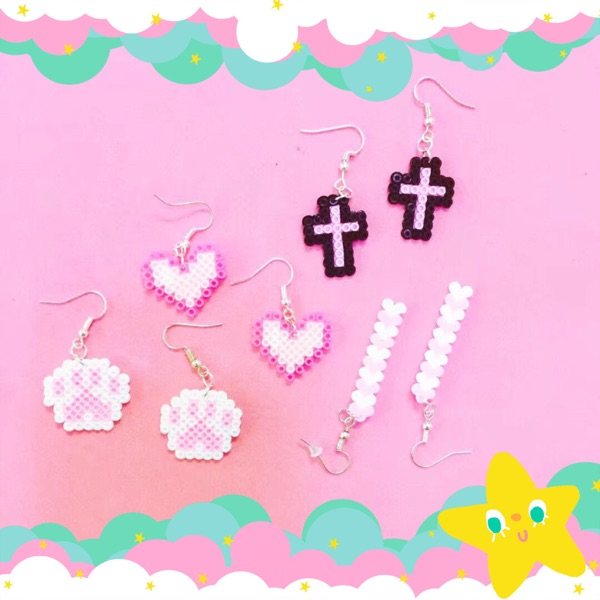 一折像素耳环_包邮 uyy的手作原创自制像素拼豆耳环 粉色系像素猫爪