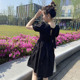 小个子黑色连衣裙女短款夏季新款法式方领赫本风小黑裙蝴蝶结裙子