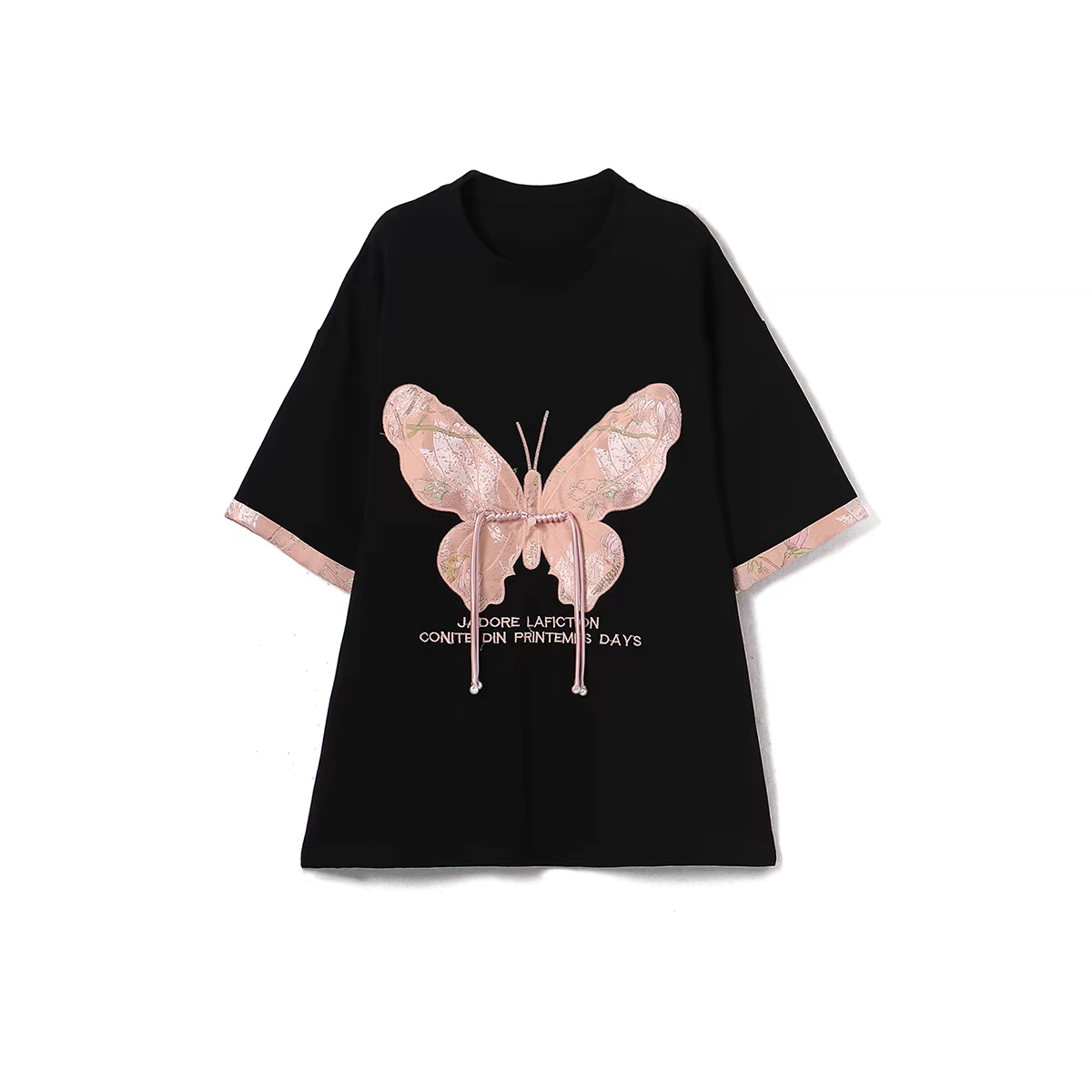 【大潘专享】时尚蝴蝶刺绣气质短袖t恤2024新款大码宽松显瘦上衣