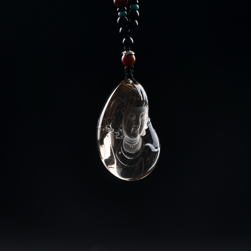 石磊作品 天然精品茶发晶 水晶观音挂件吊坠 68.16g