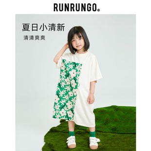 RUNRUNGO女童T恤裙 长款夏小清新拼接碎花抽绳收腰百搭短袖中大童