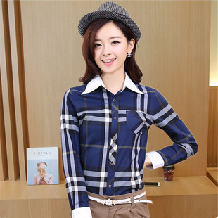 女士长袖衬衫2018新款 韩版格子