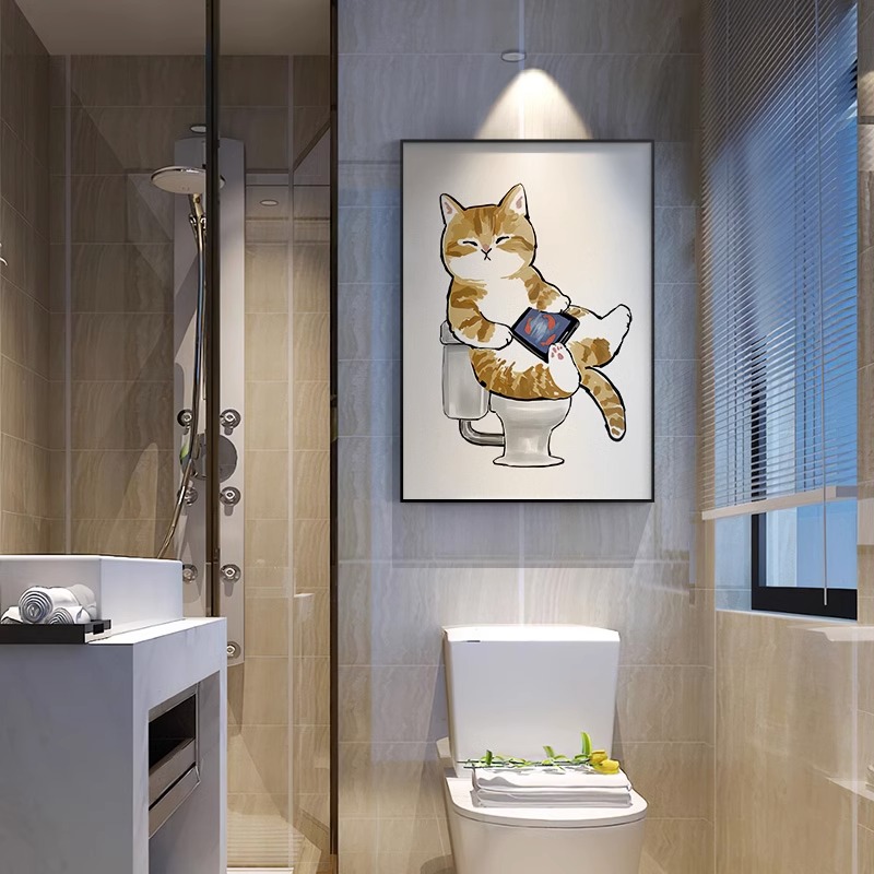 卫生间装饰画现代简约浴室厕所挂画免打孔洗手间猫咪宠物壁画卡通