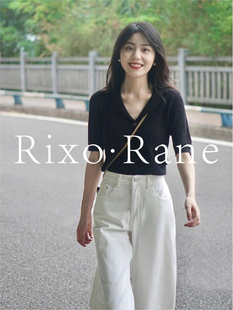 法国Rixo Rane 法式v领正肩短袖t恤女冰丝针织衫独特别致polo上衣