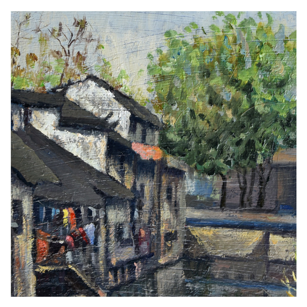 陈力油画《水乡晨》已装裱