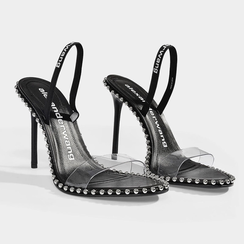 亚历山大王 alexander wang nova logo 黑色半拖鞋 珠链高跟凉鞋