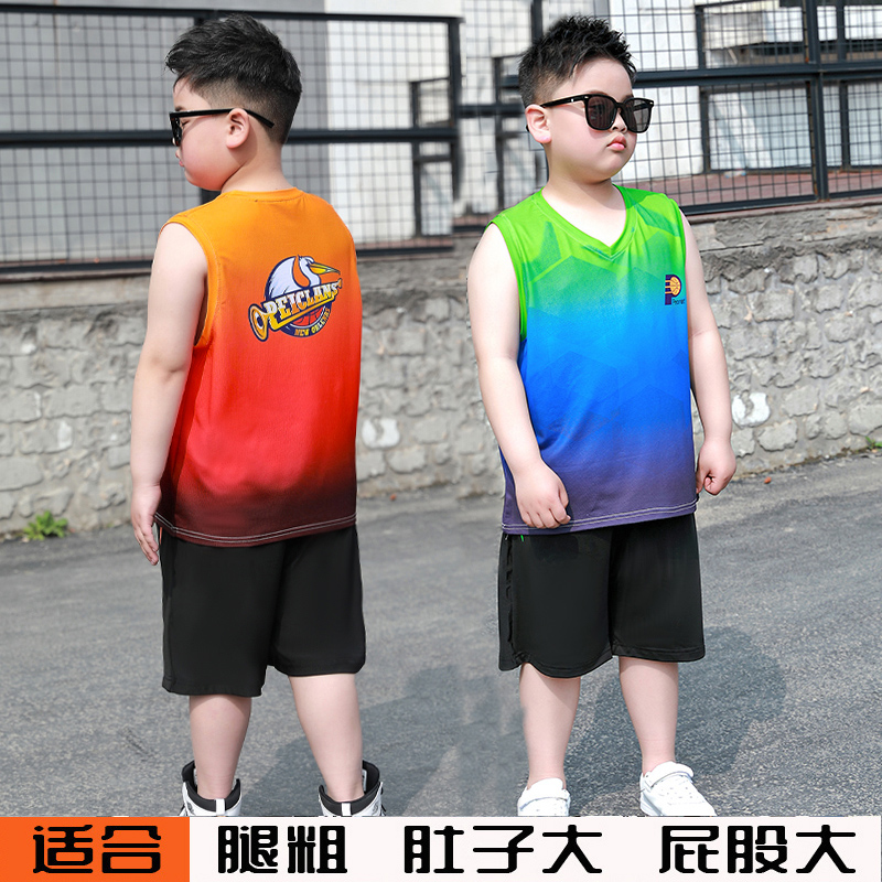 胖童夏装男童宽松大码球衣中大童运动休闲篮球服队服胖孩短袖套装