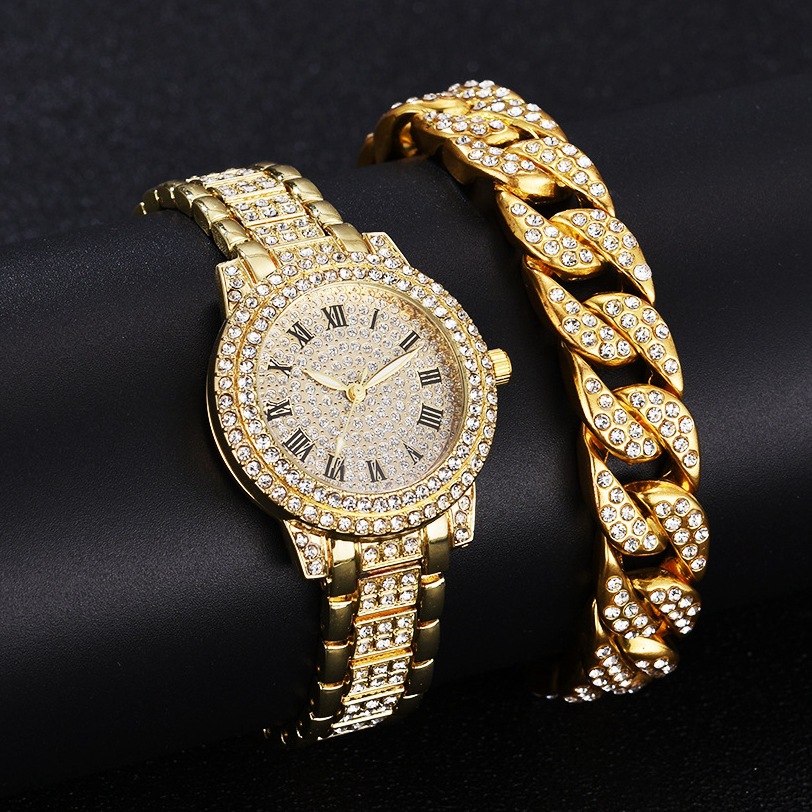 抖音潮流爆款罗马数字奢华镶钻古巴手链搭配女士手表时尚嘻哈钢表