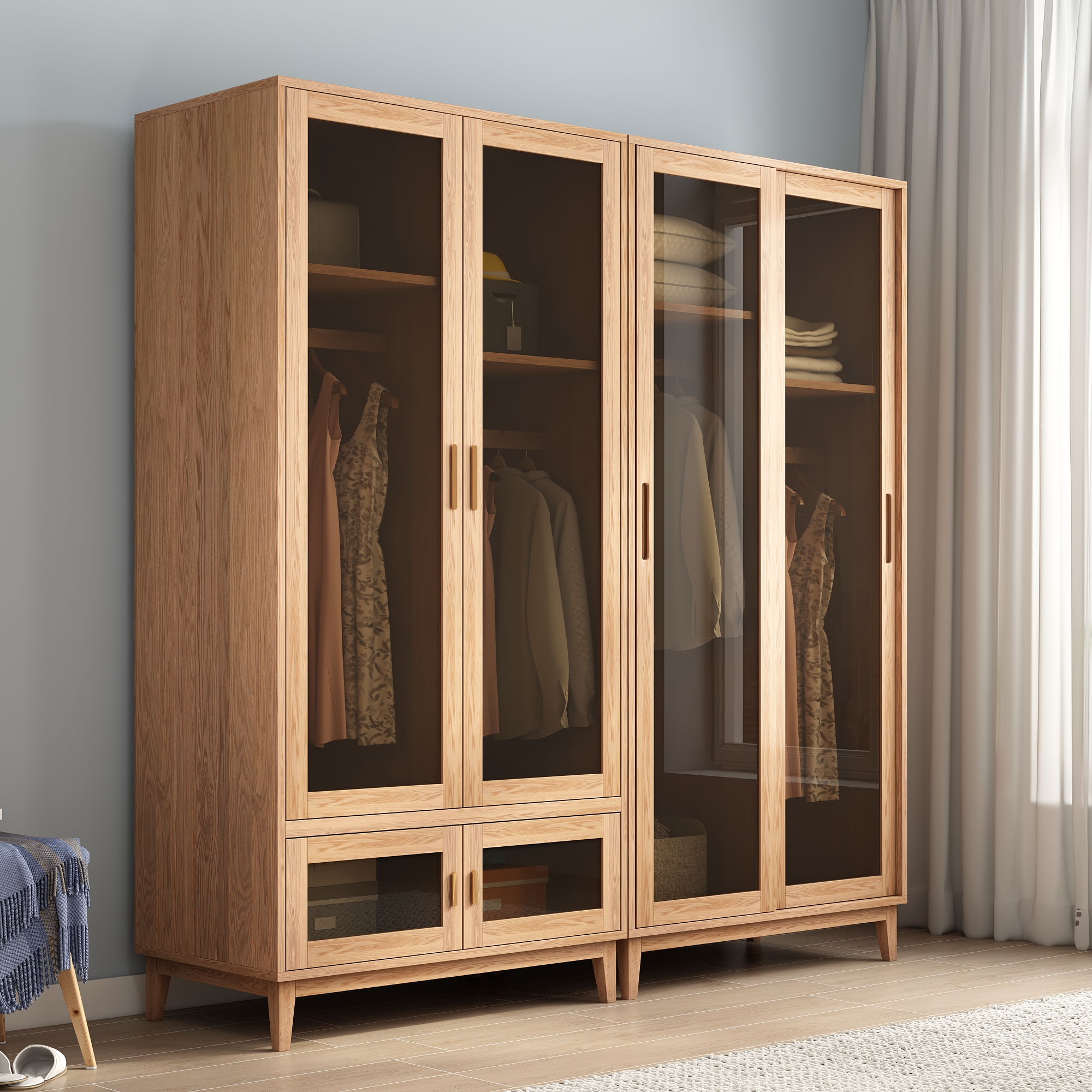 全实木橡木衣柜玻璃推拉门现代简约卧室轻奢开门组合收纳家具北欧