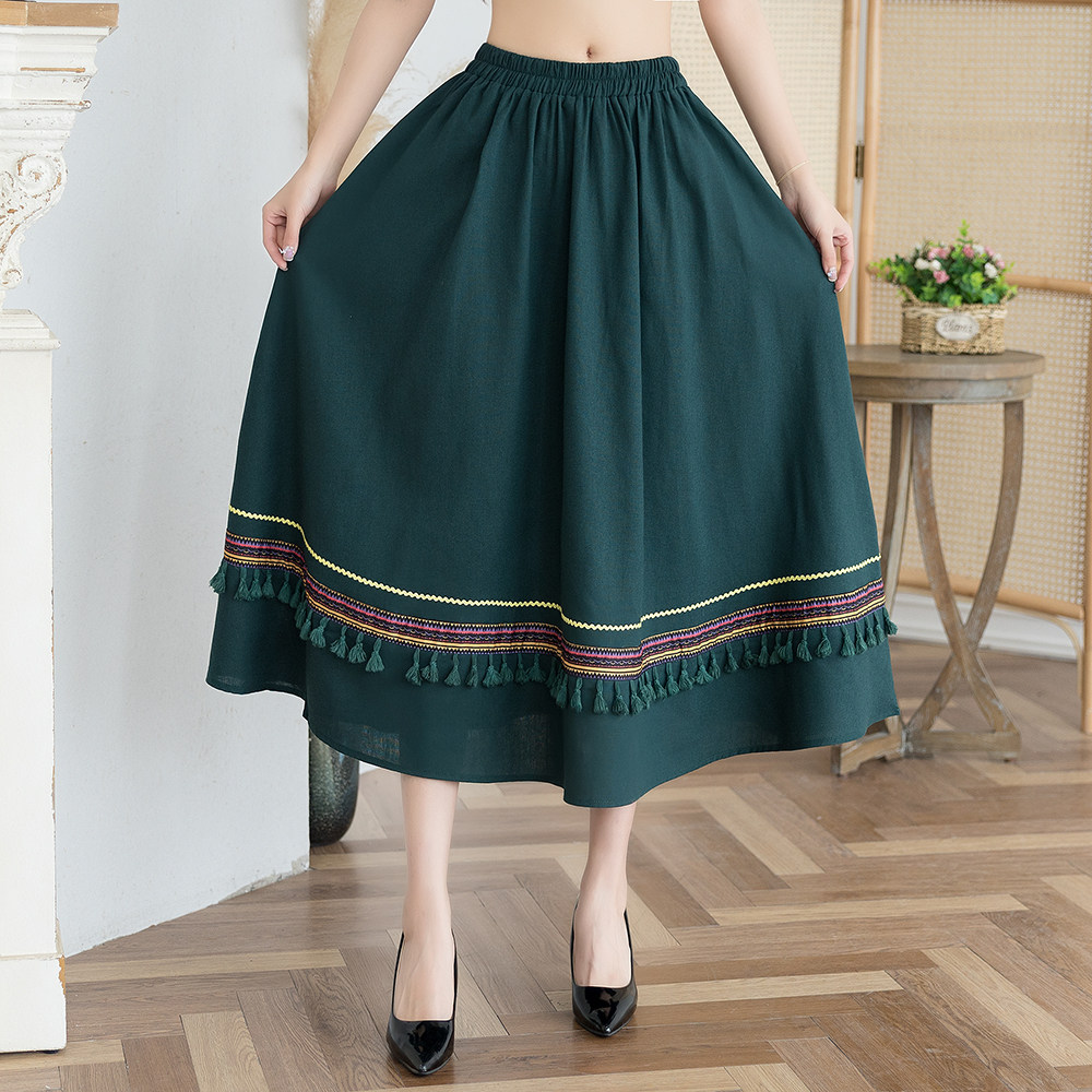 包邮中国风复古简约大摆中长裙松紧腰棉麻文艺a字裙茶道半身裙