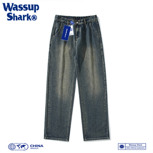 WASSUP美式街头复古做旧牛仔裤男夏季潮牌宽松阔腿休闲直筒长裤子