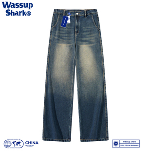 WassupShar美式水洗复古牛仔裤男女高街夏季潮牌直筒宽松阔腿长裤