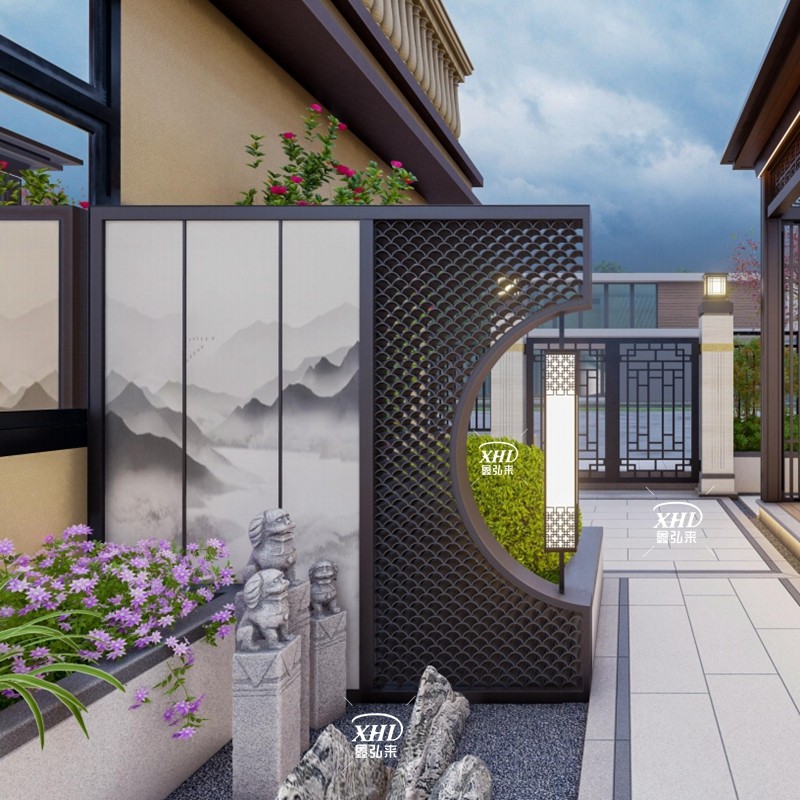 不锈钢户外庭院别墅花园过道景观月亮门新中式玄关影壁墙屏风隔断